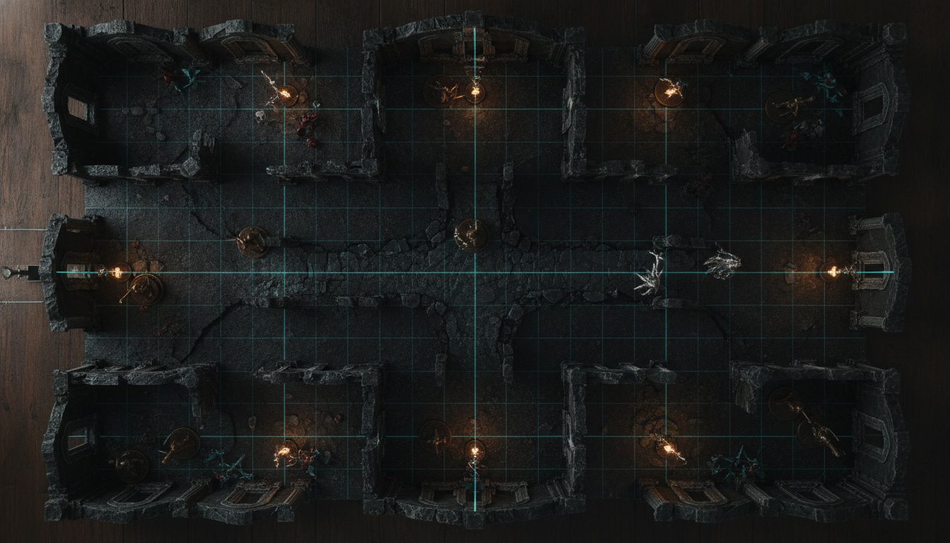 A top-down tactical battle map with glowing grid and figures